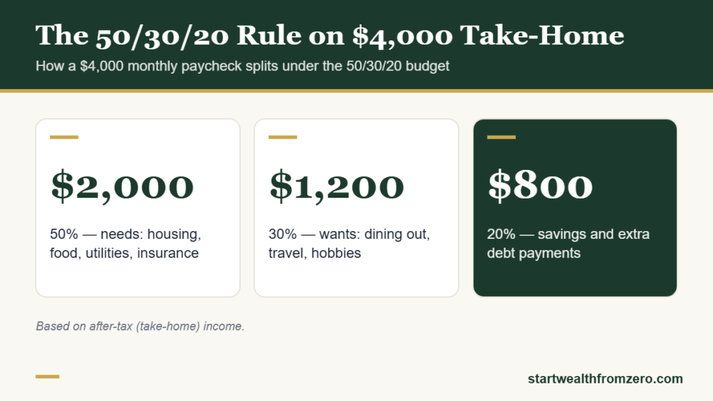 The 50/30/20 rule on $4,000 a month take-home pay: $2,000 for needs, $1,200 for wants and $800 for savings and debt