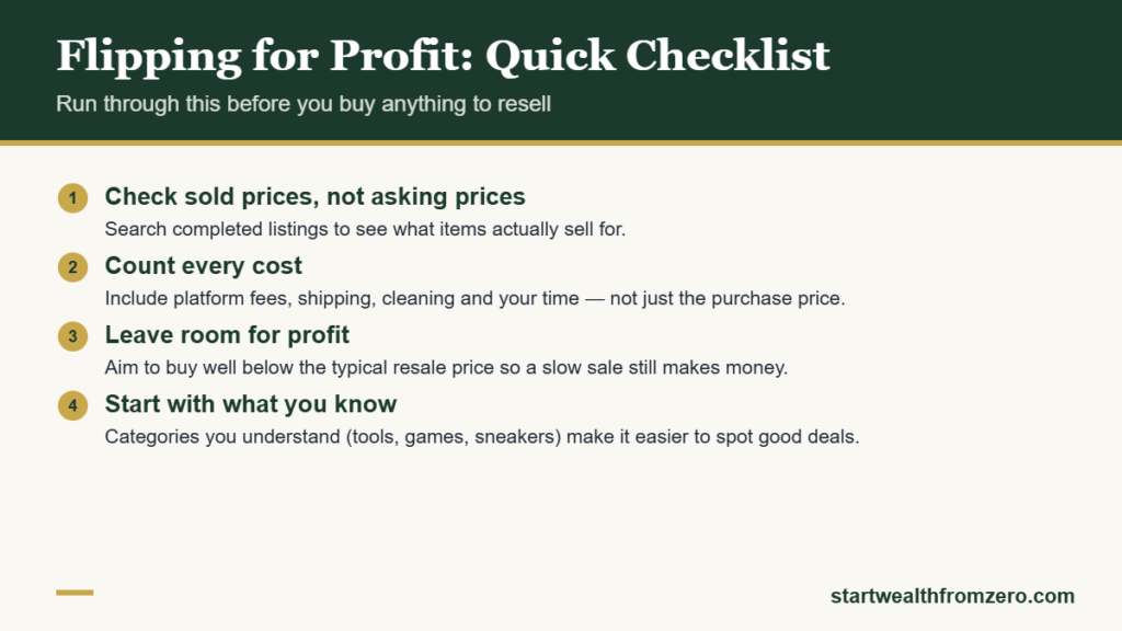 Checklist for flipping items for profit: check sold prices, include fees, buy low, start with what you know