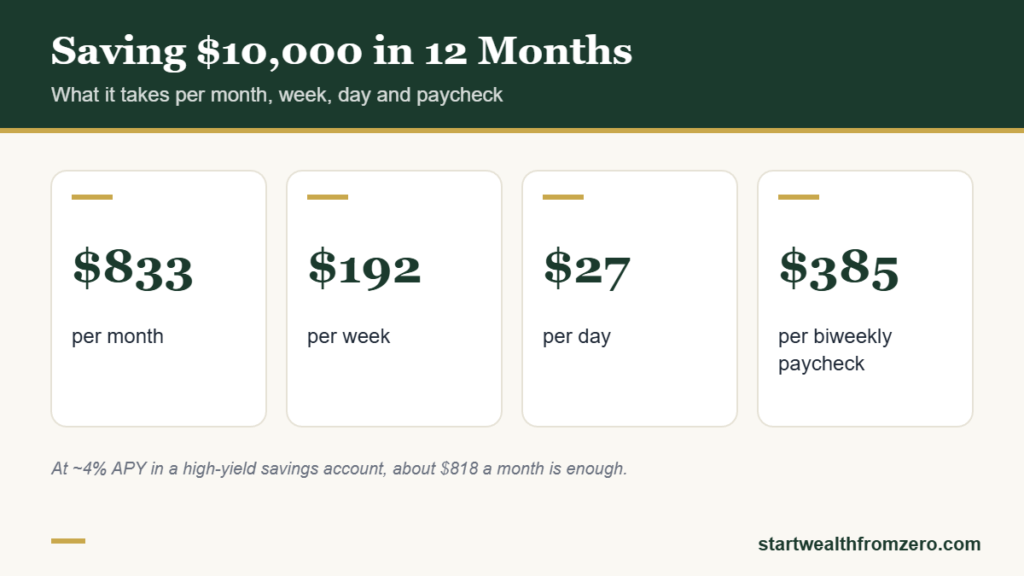 How much to save for $10,000 in a year: $833 a month, $192 a week, $27 a day or $385 per biweekly paycheck