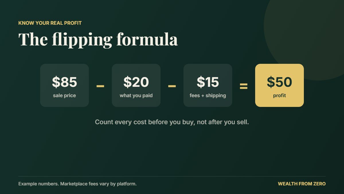 Flipping profit formula: sale price minus cost minus fees and shipping