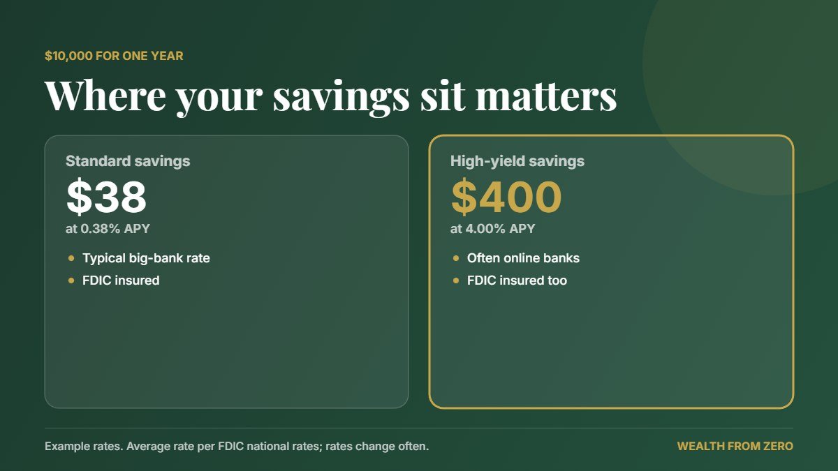 Interest on $10,000 for one year: 0.38% standard savings vs 4% high-yield savings