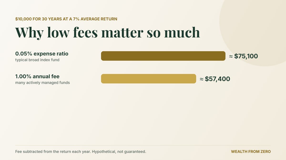 $10,000 invested for 30 years at a 7% average return: about $75,100 with a 0.05% expense ratio vs about $57,400 with a 1% fee