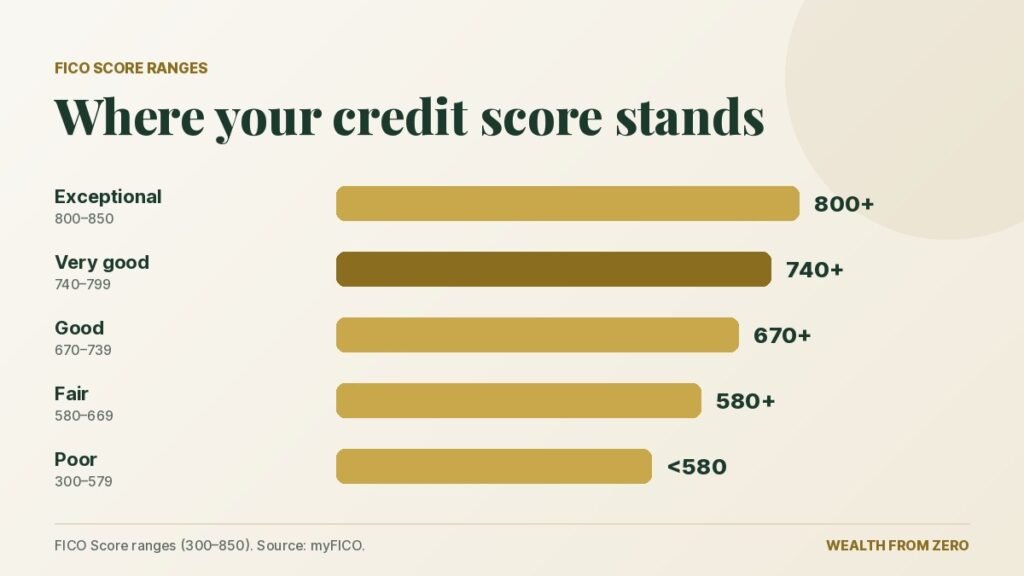 FICO score ranges: exceptional 800 to 850, very good 740 to 799, good 670 to 739, fair 580 to 669, poor 300 to 579