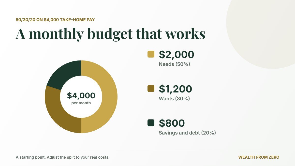 50/30/20 budget on $4,000 take-home: $2,000 needs, $1,200 wants, $800 savings