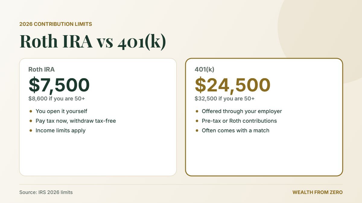 Roth IRA vs 401(k) 2026 contribution limits compared