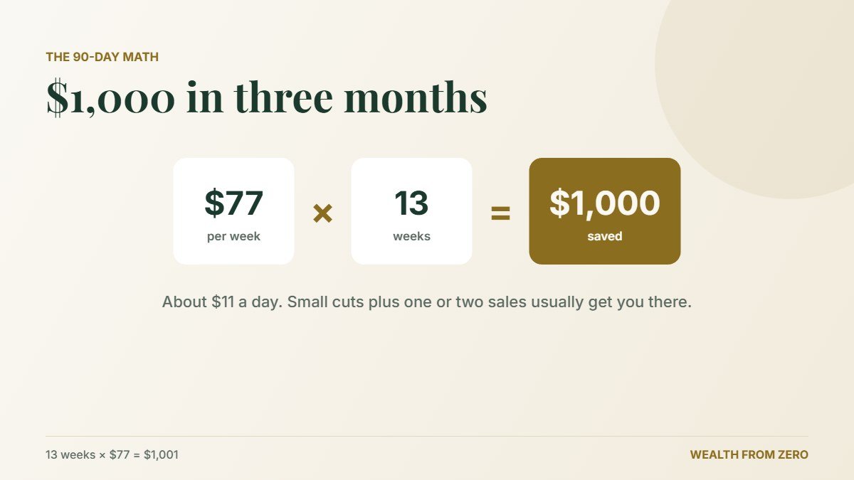 Saving $1,000 in 3 months: about $77 a week for 13 weeks