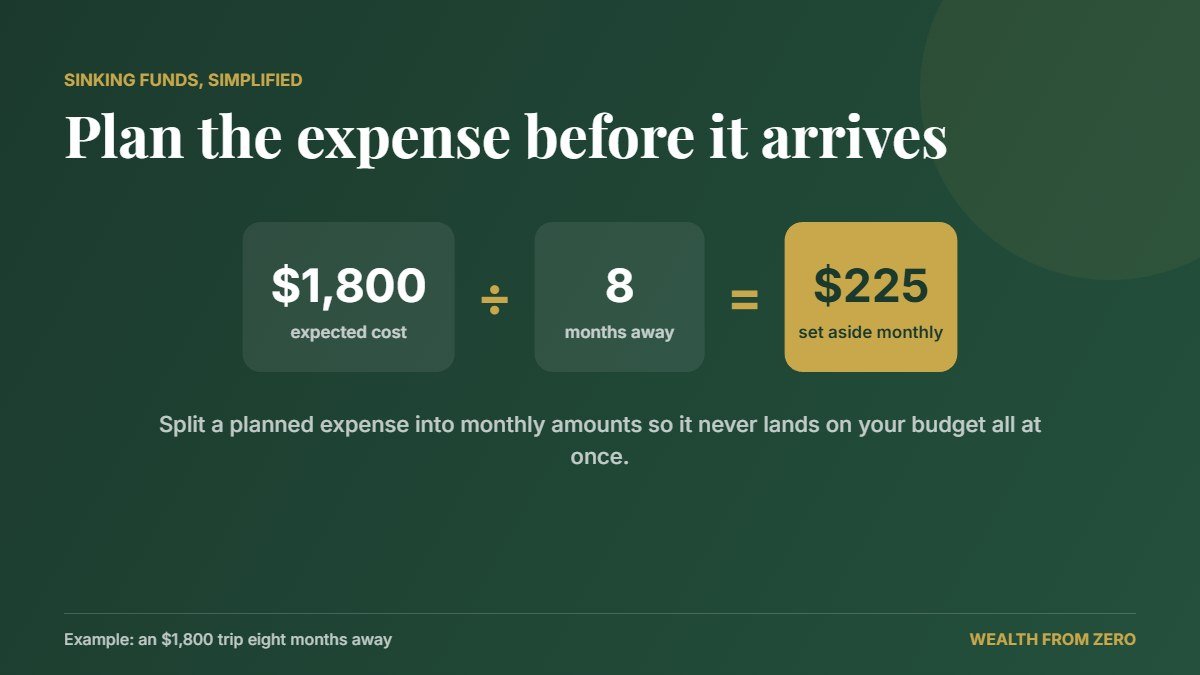 Sinking fund formula: $1,800 divided by 8 months equals $225 a month