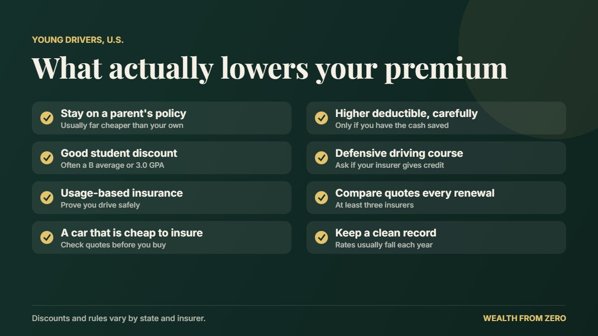 Checklist of ways young drivers can lower car insurance costs, from staying on a parent policy to comparing quotes at renewal